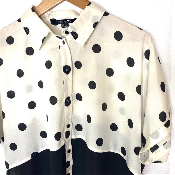 Forever 21 Polka Dot Shirt Black White Chiffon M - Picture 6 of 8